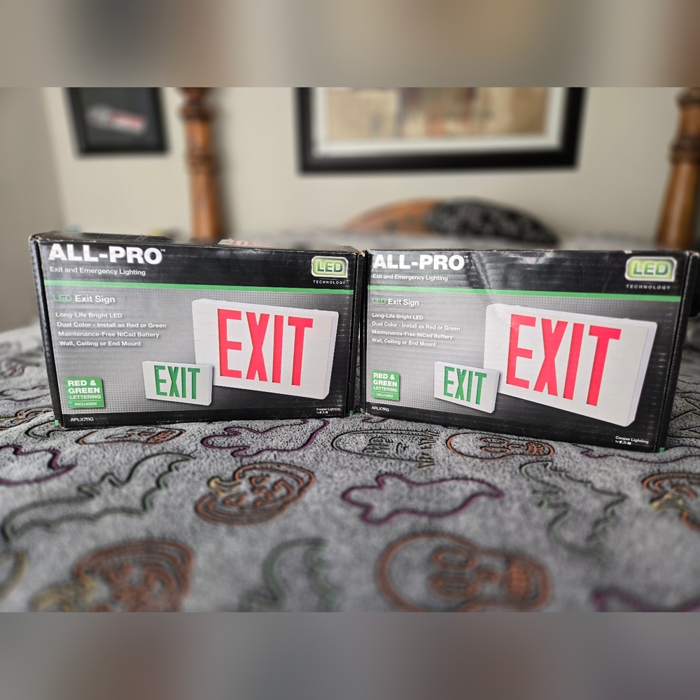 ALL-PRO LED Exit Sign Red/Green Lettering Emergency Sign Two NEW Signs